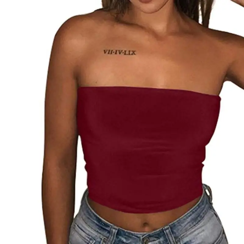 Женский летний укороченный Топ без бретелек сексуальный однотонный облегающий