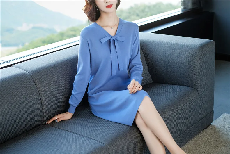 XJXKS Осень Зима Новое Женское трикотажное платье изысканный воротник с бантом высокое эластичное удобное кашемировое женское платье