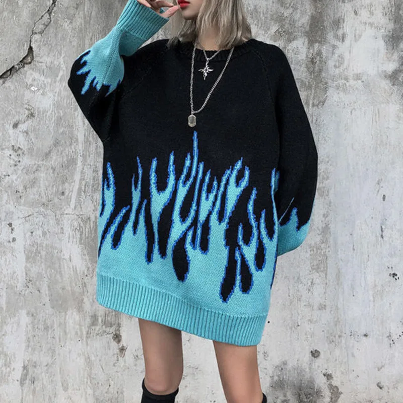 

Autumn Winter Harajuku Flame Knitting Batwing Sleeve Sweater Casual Long Women's Tide Printed Sweater Loose Boyfriend Pullovers