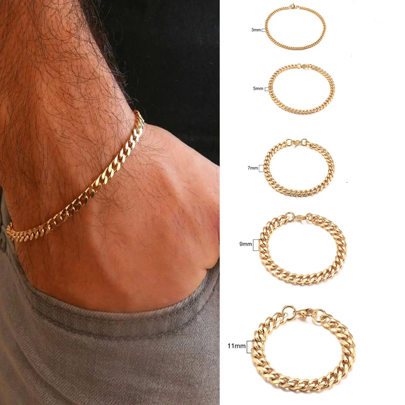 

Curb Cuban Link Chain Bracelet for Men Women Couples Stainless Steel Wristbands 3mm to 11mm to Boyfreind husbands