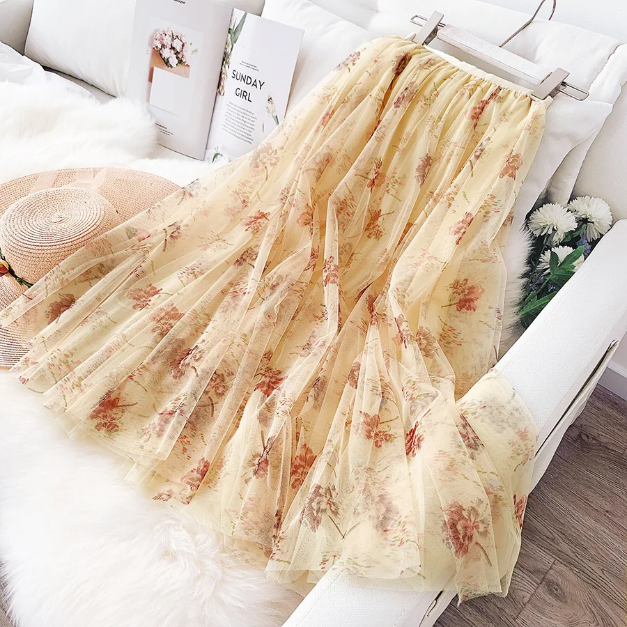 REALEFT новые весенне летние сетчатые юбки трапециевидной формы с цветочным принтом