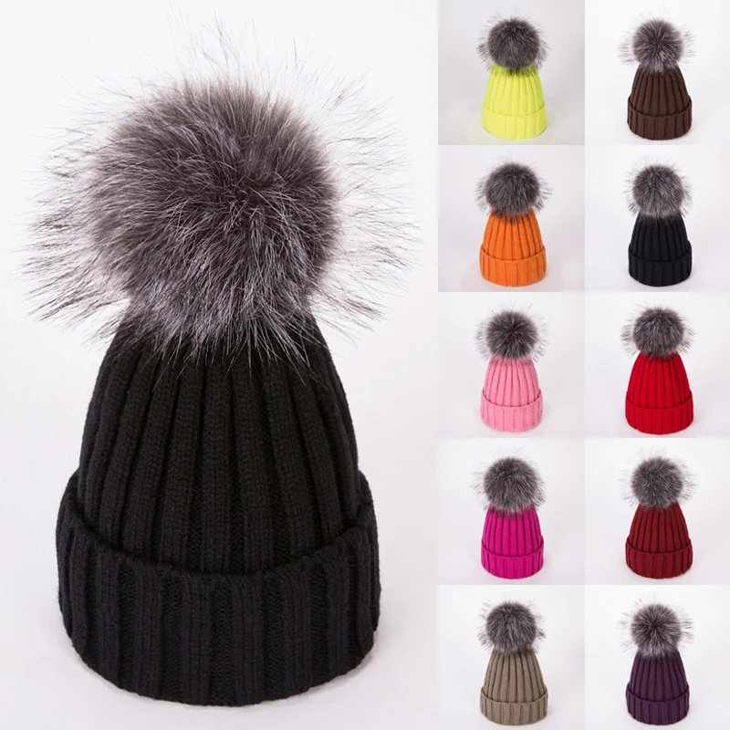 

Winter Beanie Knitted Warm Ski Cap Fashion Women Large Faux Fur Pom Pom Bobble Hat Soft Elastic Baggy Bonnet