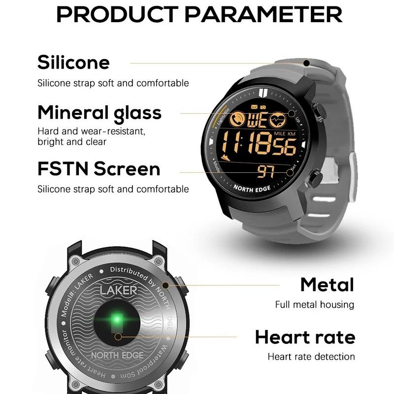 

NORTH EDGE Smartwatch Android IOS Smart Watch Men's Heart Rate Monitor Waterproof 50M Swimming Running Pedometer Stopwatch