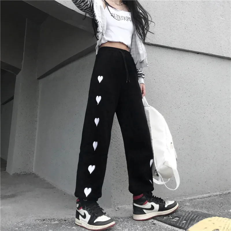 

Harajpoo Women Pant 2021 Spring Autumn Korean INS Loose Casual Vintage Girls Love Embroidery High-Waist Straight Sports Trousers