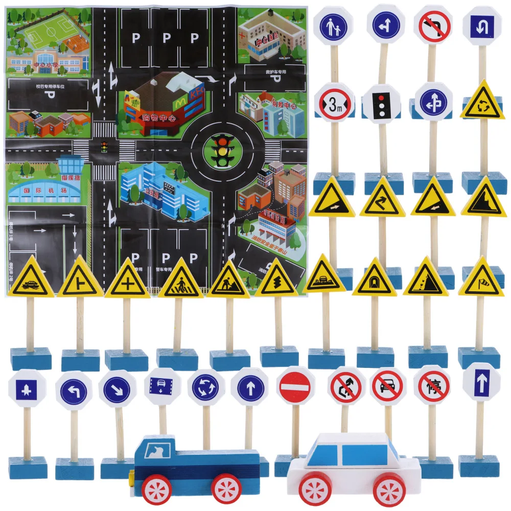 

1 Set Children Road Sign Toys Wooden Simulation Traffic Signs Building Block