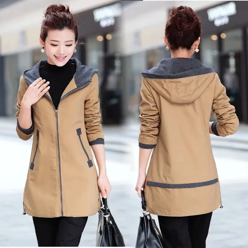 

2021 New Autunm Winter Women Trench Coat Slim Fashion Plus Size M-4XLMedium-long Windbreaker Patchwork OL Hooded Outwear