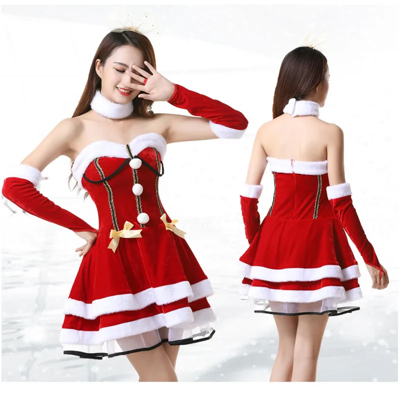 

Women's Christmas Shoulder Less Waist Dress Red Bra White Faux Fur Mini Skirt Matching Sleeve Sexy Santa Clause Costume Outfits