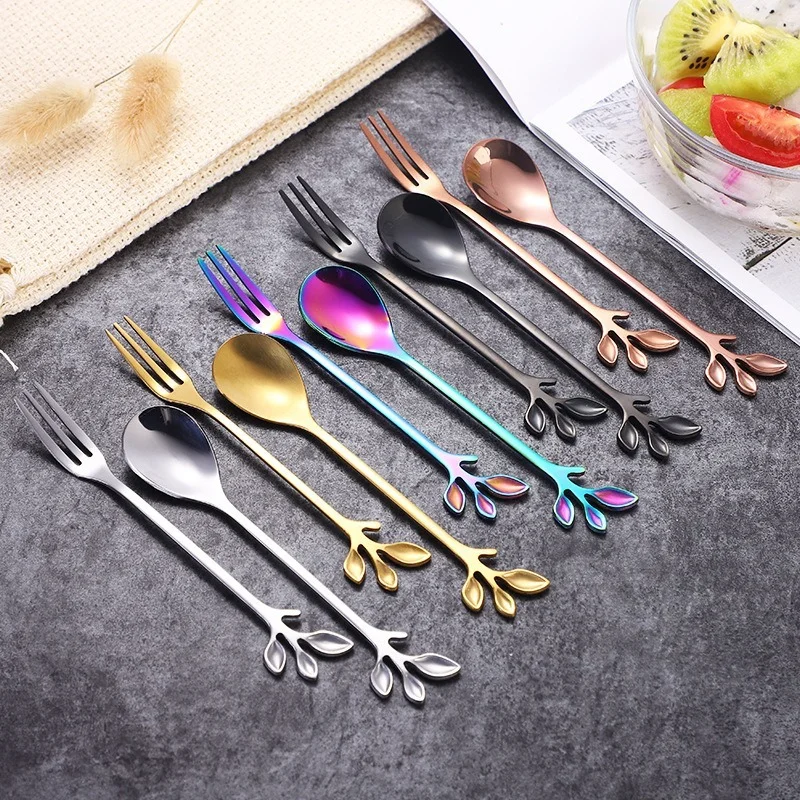 

Stainless Steel Black Leaf Creative Appetizer Cake Fruit Fork Set 4.7 Inch Tasting Dessert Forks Kitchen Accessory Wedding Party