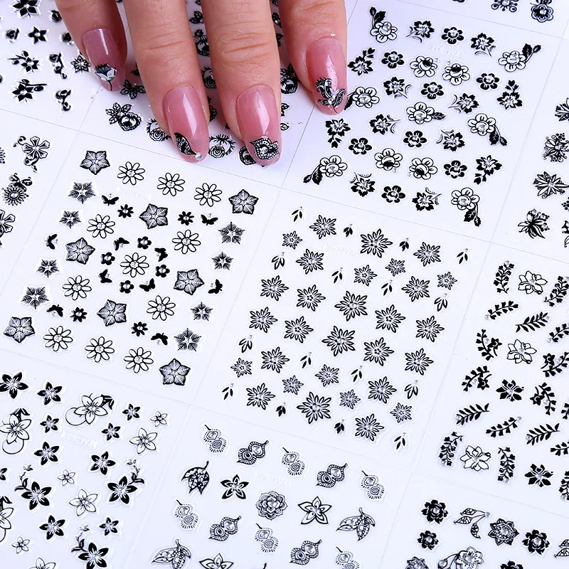 

30 Pcs Nail Decals Jewelry All Stickers Black Flowers Butterflies Nail Stickers 3D Nail Art Decorations Accesoires Nail Foil