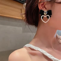 2021 chic retro pearl ribbon bowknot crystal earrings elegant women temperament party earrings girl