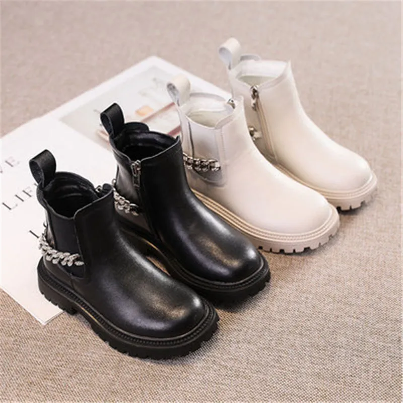 New Style Children's Chain Decoration Casual Sports Martin Boots Single Zipper Girls Leather Comfortable Non-Slip Sneakers