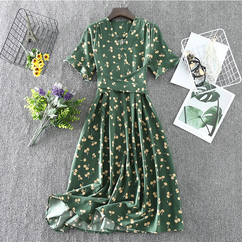 

French Lovely Pattern Print Women V-neck Dresses Flare Short Sleeve High Waist Midi Dress Belt Casual Dress
