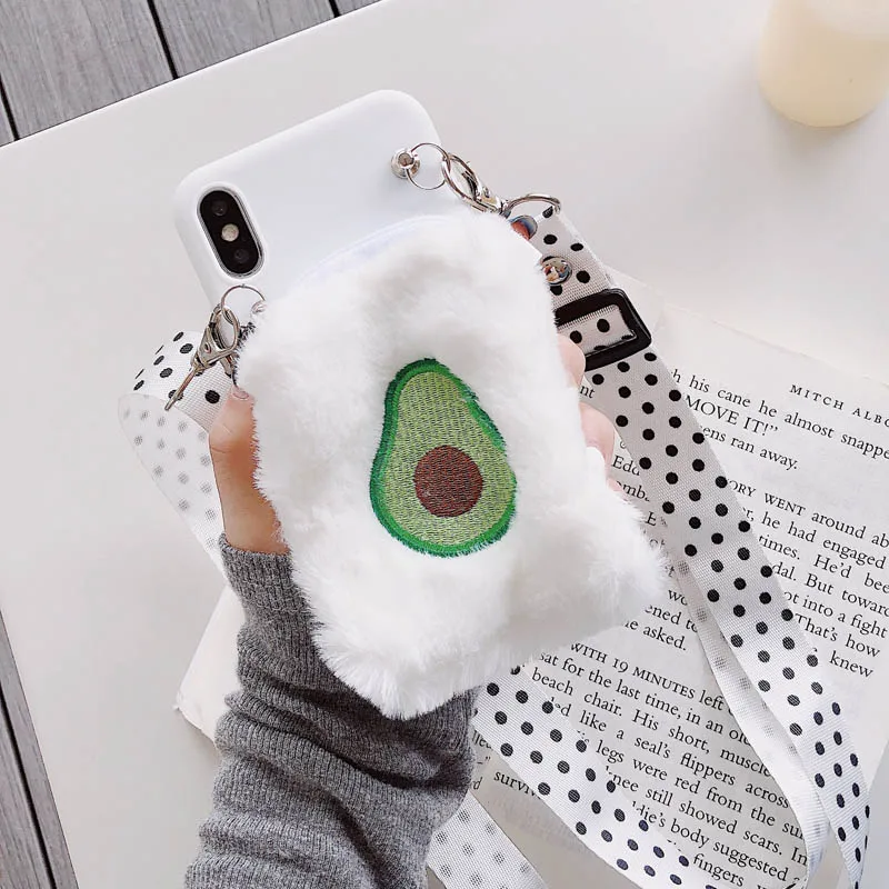 Style1-Avocado Для iPhone 11 Pro Xs Max Xr X 8 7 6s 6 Plus Мягкие плюшевые фрукты, авокадо персик Портмоне Кошелек Мягкий силиконовый чехол сo шнуром ремешок на шею, через плечо - Цвет: Style1-Avocado