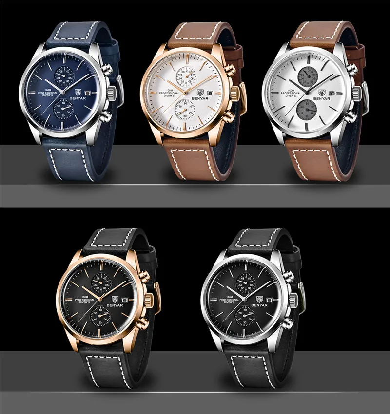 BENYAR Men Watch Chronograph Waterproof Sport Black Genuine Leather Male Wristwatch Top Brand Luxury Military Man Clock 5187 | Наручные