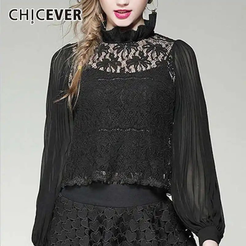 Женская ажурная блузка CHICEVER летняя однотонная сетчатая рубашка с кружевными