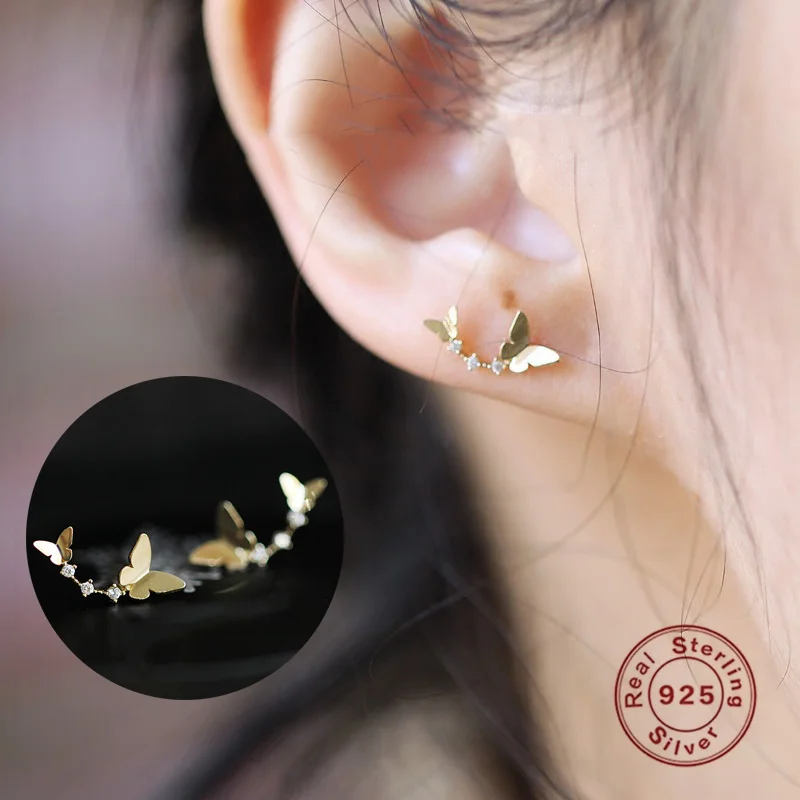 

925 Sterling Silver 14K Women Stud Earrings Exquisite Butterfly Women Stud Earrings Luxury Crystal Double Butterfly Earrings