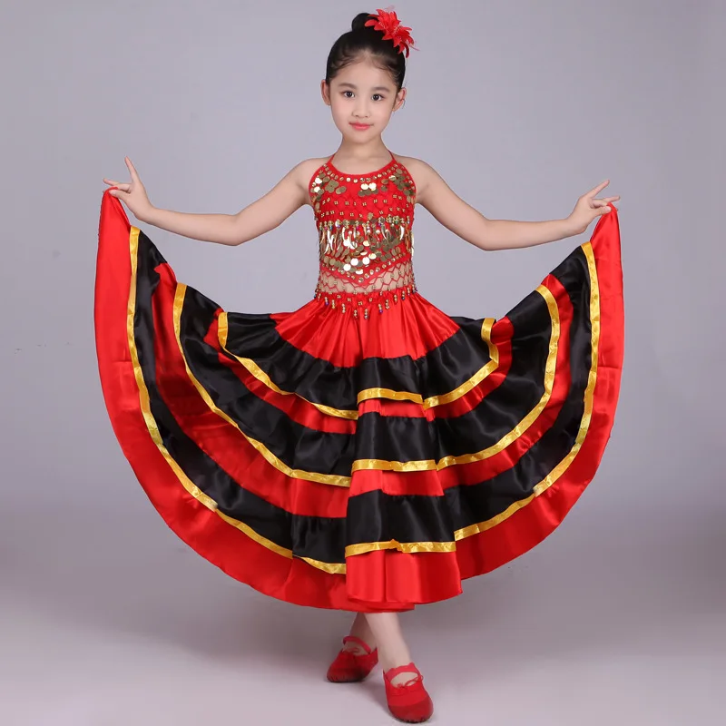 Spanish Flamenco Girls Dance Skirt Practice Long Big Swing Skirt Stage Performance Party Gypsy Skirt Kids Belly Skirt Dresses