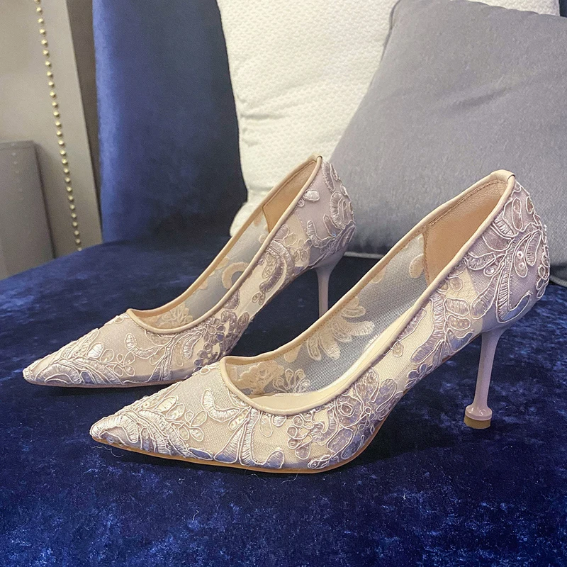 Light Cloud Embroidery High Heels Women's Wedding Shoes 2020 New Bridal Thin Heeled Lace Mesh Shoes