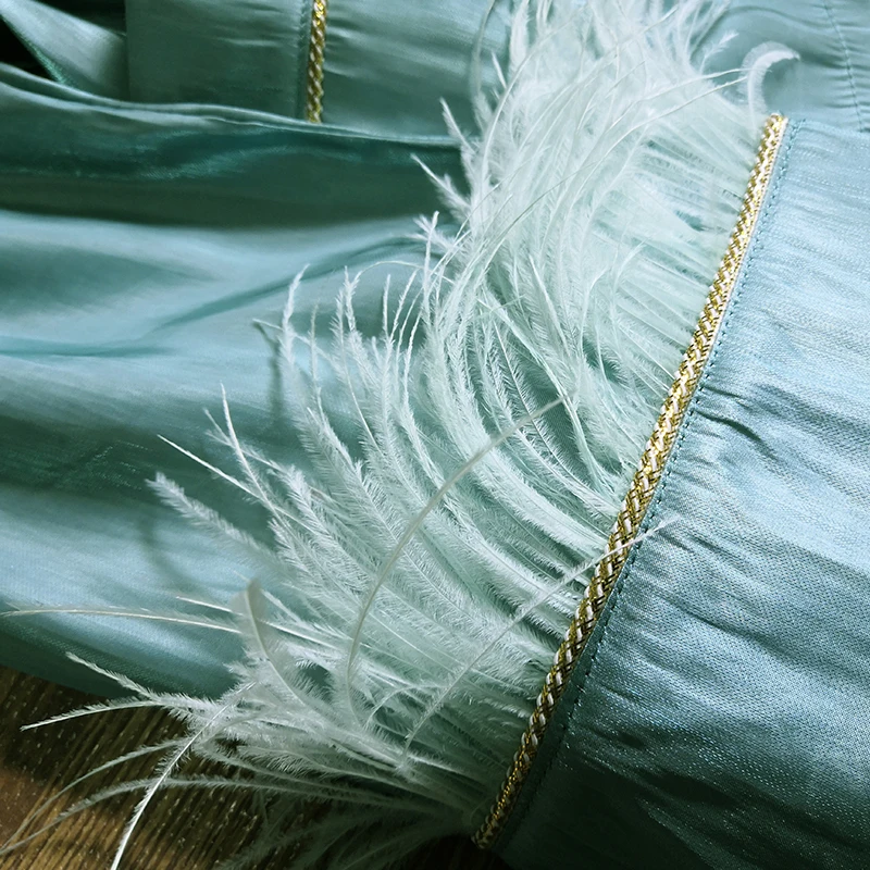 

VERDEJULIAY Runway Fashion Long Coat High Quality Feather Patchwork Long Sleeve Turn-Down Collar With Belt Elegant Clothing Coat