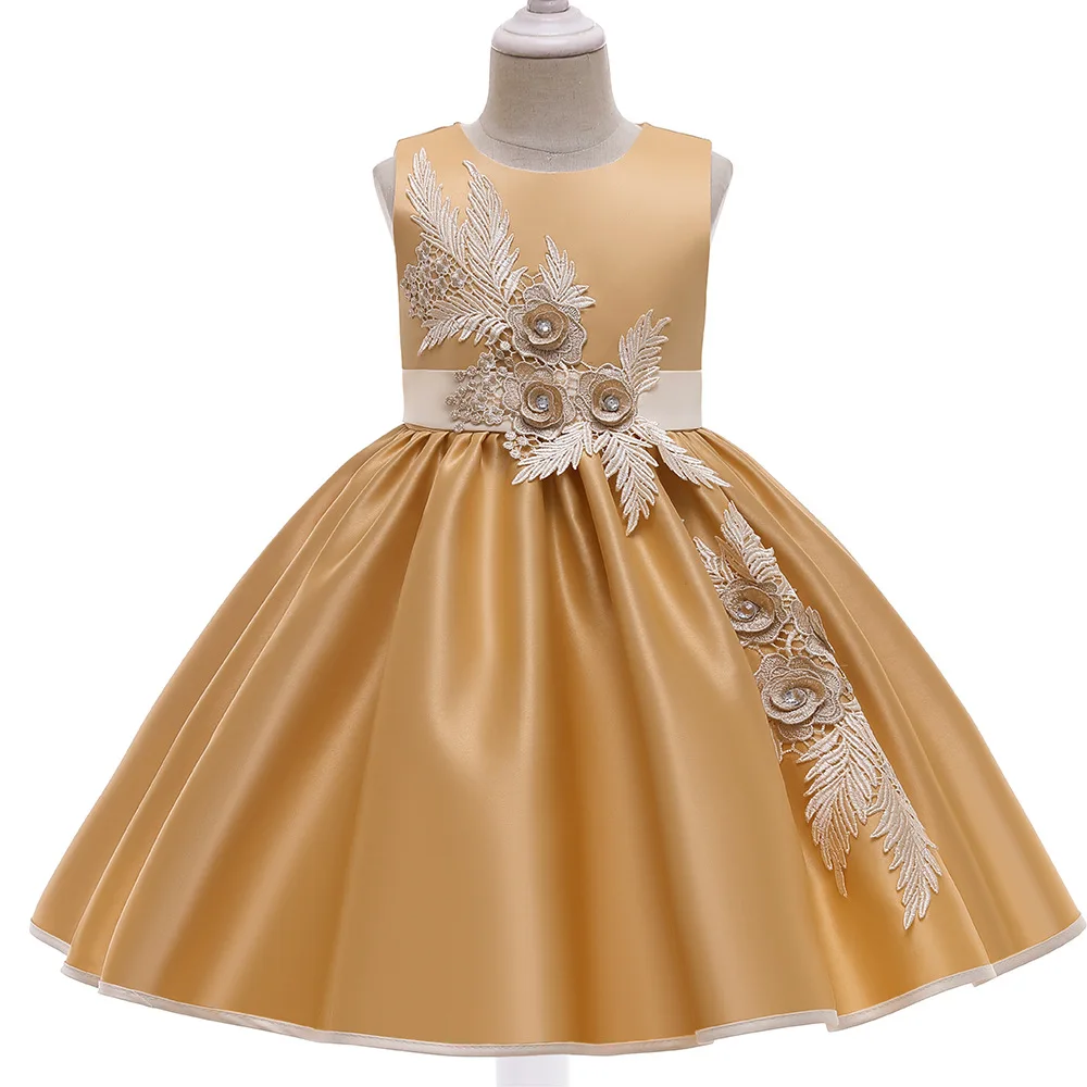 

4-10Years Flower Girl Dress For Girls Costume Princess Gown Appliques Gold Satin Kids Dresses for Wedding Part