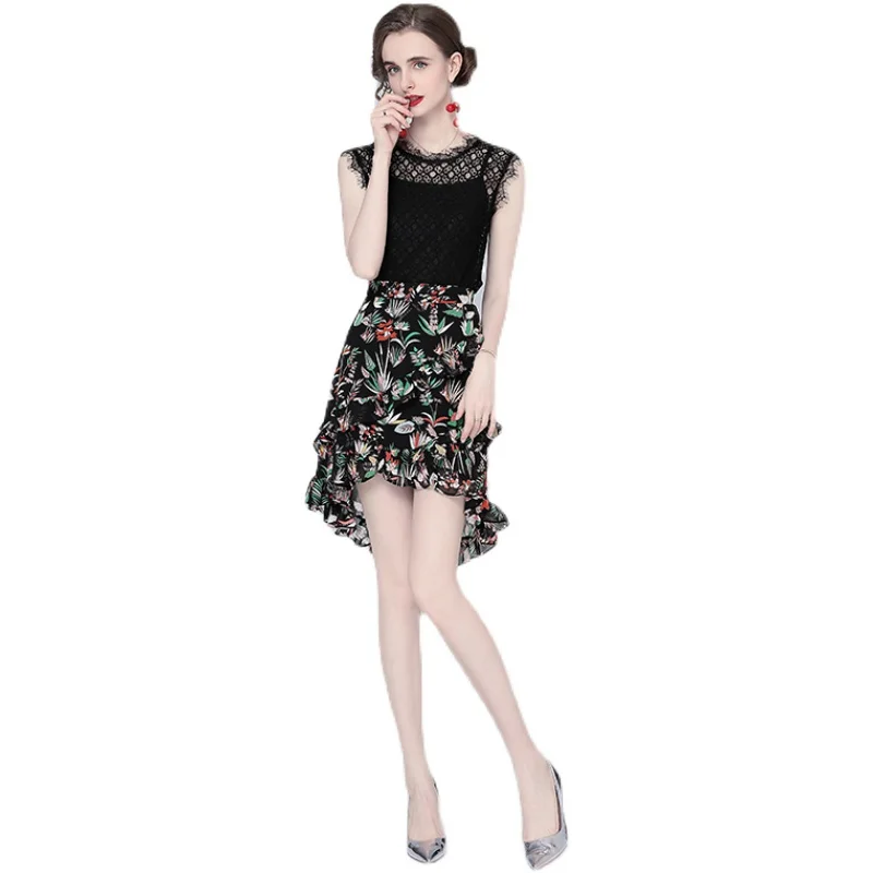 

Real shot-lace shirt with suspenders + printed ruffled irregular half skirt three-piece suit women's summer 2021