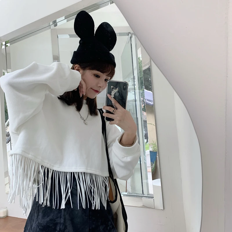 

XZ2399 черные женские свитшоты в гонконгском ретро-стиле с кисточками и круглым вырезом и длинным рукавом