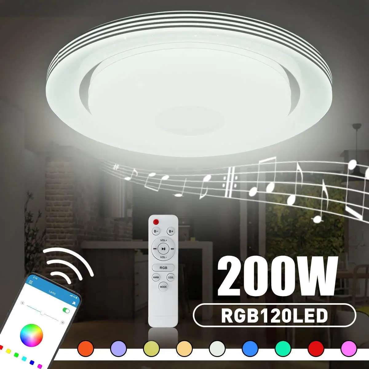 Lámpara de techo Led con música, iluminación redonda para el hogar, Altavoz bluetooth, Control remoto, 200W, RGB