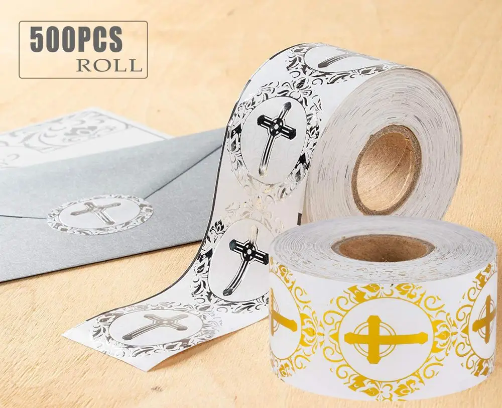 500 шт. наклеек-крестов из золотой/серебряной фольги, запечатанных подарочных украшений, ярлыков с изображением Иисуса, религиозной молитвы и христианских благословений.
