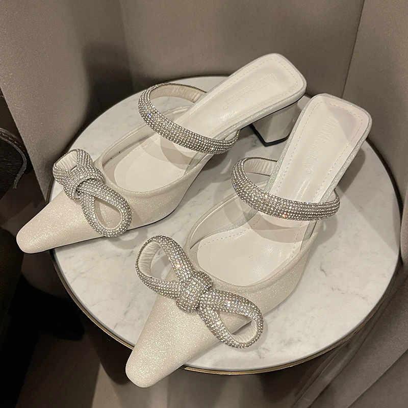 

New Women Pumps Female Mules Slippers High Heels Shoes Fashion Pointed Toe Butterfly-knot Slides Ladies Sandals Bling Pumps
