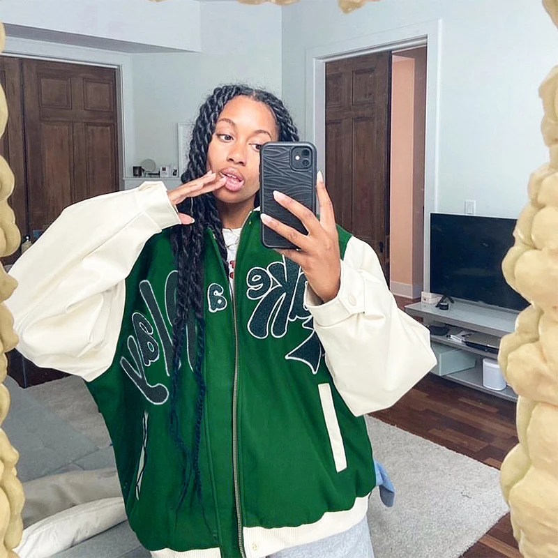 Women's Coats 2021 FreeShippinWinter Oversized Leather Sela American College Varsity Jacket Khaki Green Bomber 531100 | Женская