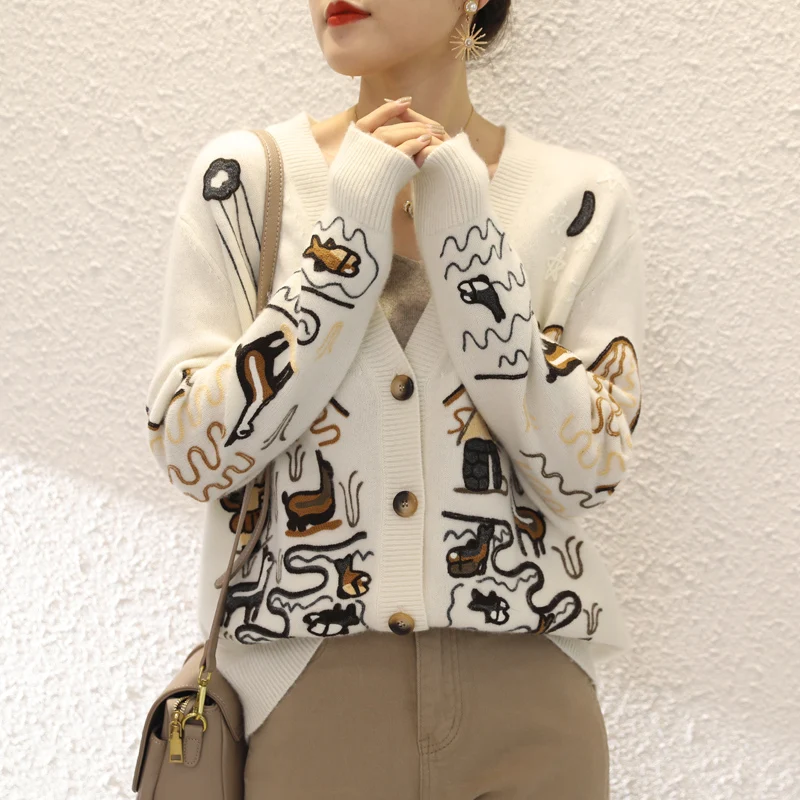 

LHZSYY Sweater Women's V-Neck 100%Cashmere Knitted Cardigan Jacquard Plus Size 2021 Autumn Winter Color Matching Thick Base Coat