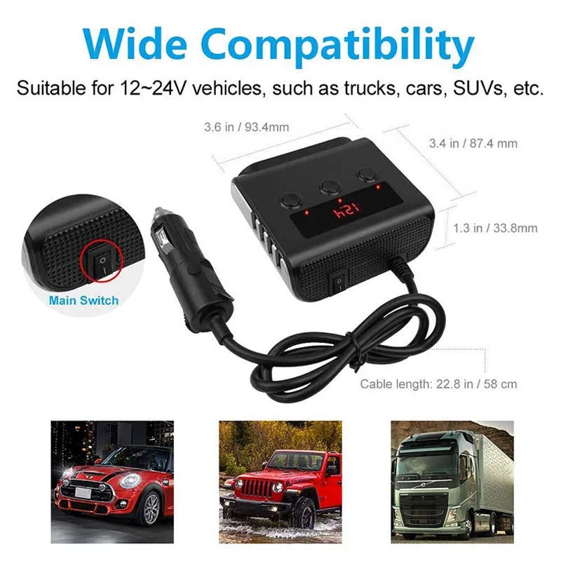 

Car Cigarette Lighter Socket Splitter 4 USB Charger Adapter 3.6A 100W LED Voltage Detection with Switch For Mobile Phone MP3 DVR