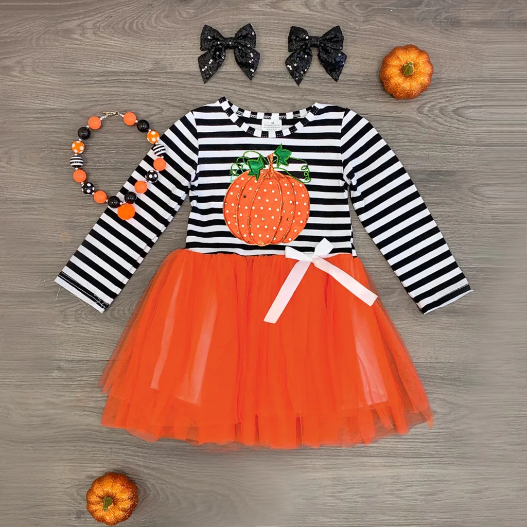 Платье для маленьких девочек на Хэллоуин зимнее платье с тыквой Полосатое