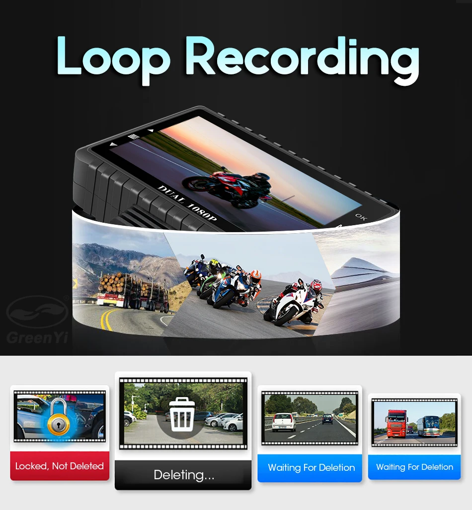 GreenYi FHD 1080P 3 дюйма IPS мотоцикл Dash Cam WiFi Водонепроницаемый спереди и сзади Камера