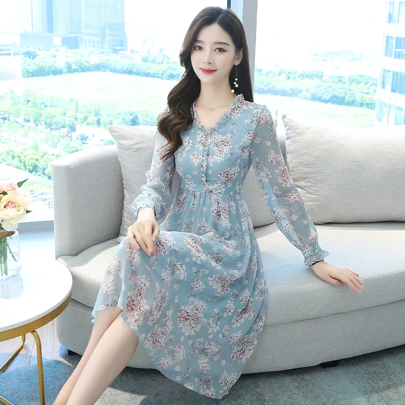 

Real Shot Chiffon Dress New Blue Floral Temperament Long Sleeved Sweet Knee-length Clothes