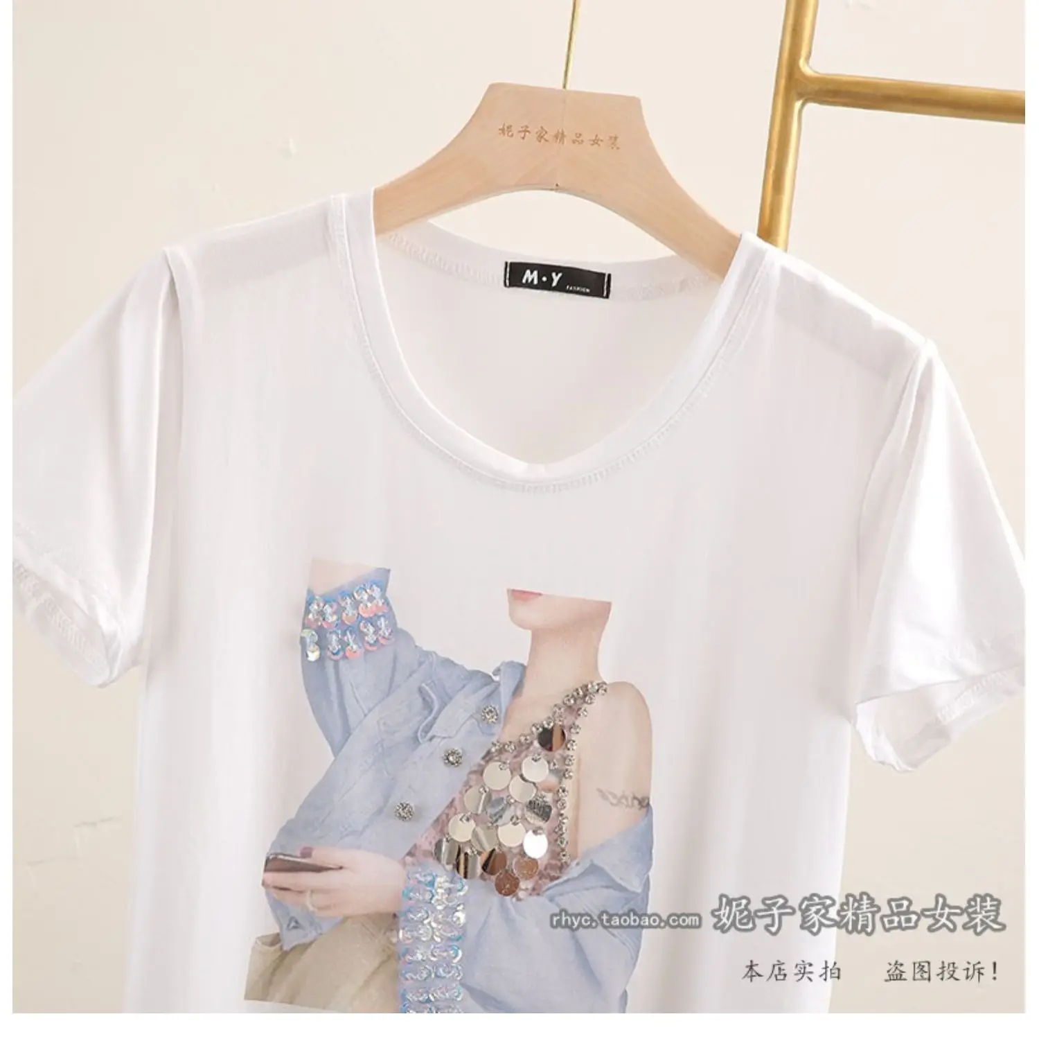 

2021 Summer Western Beauty Printed Sequin Bead Short-Sleeved Ladies T-shirt Korean Style Cotton White Fashion Simple Top Tee