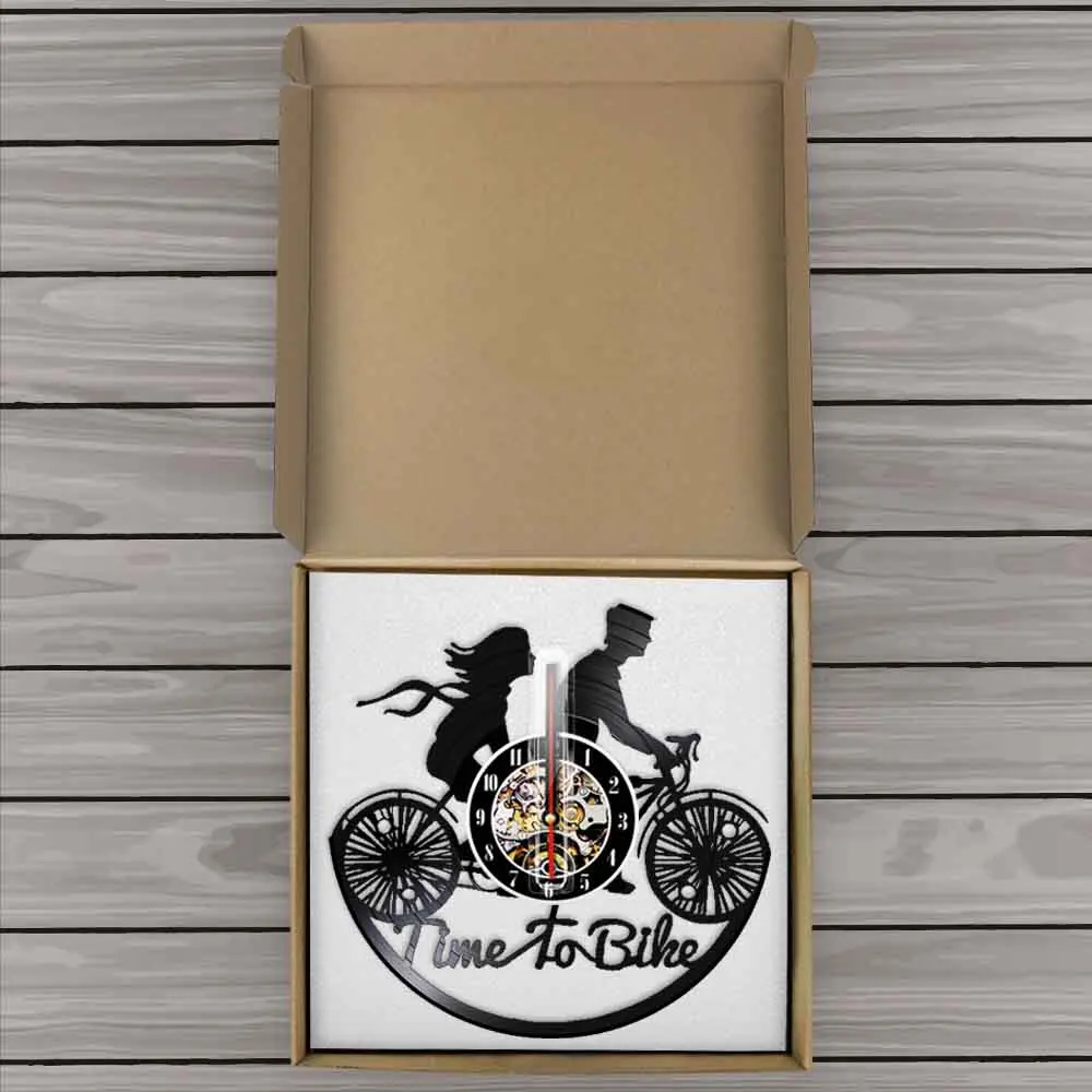 

Time To Bike Wall Clock Made Of Real VInyl Record Hiking Riding Tandem Two-seater Bicycle Couple Silhouette Wall Watch Artwork