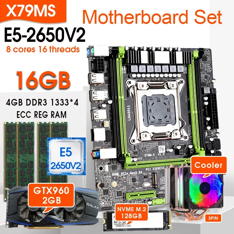 

Комплект материнской платы X79 с Xeon E5-2650 V2 CPU LGA2011 combos 4*4 Гб = 16 Гб 1333 МГц память DDR3 ОЗУ GTX 960 2 Гб кулер 128 ГБ M.2 SSD