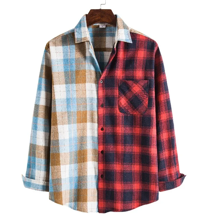 

Latest Design Men Fashion Loose Patchwork Plaid Two Color Long Sleeve Shirt