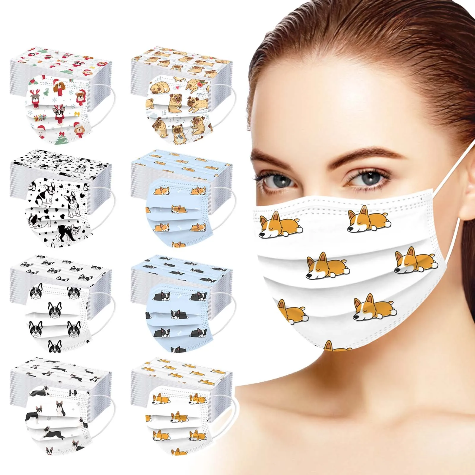 

50PCS Disposable Adults Masks cartoon Dog Print Face Mask 3 Ply Earloop Masks Mouth cover Mascarillas Halloween Cosplay facemask