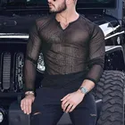Модная мужская Сетчатая футболка INCERUN 2021, Прозрачная Сексуальная футболка с длинным рукавом для фитнеса, топы, уличная одежда, футболки с V-образным вырезом Вечерние ринки и ночного клуба