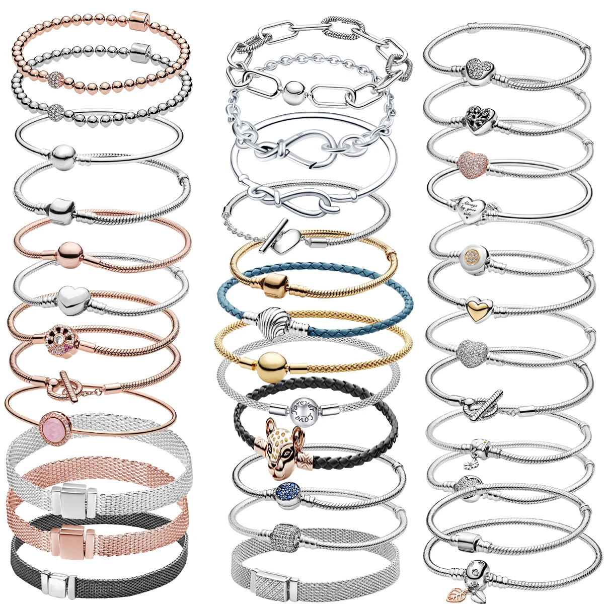 PANDORA 2021 New 925 Sterling Silver Bracelet for Women Sparkling Heart Clasp Charm Snake Chain Snake-Bone Bracelet Beads DIY romantic original silver heart shaped snake chain charm bracelet for women brand bracelet