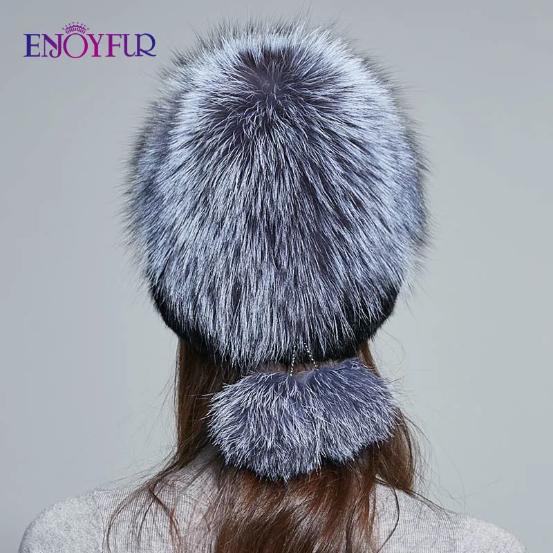 Женская шапка бини ENJOYFUR, русская шапка из натурального меха норки с помпонами из натурального меха чернобурки на зиму