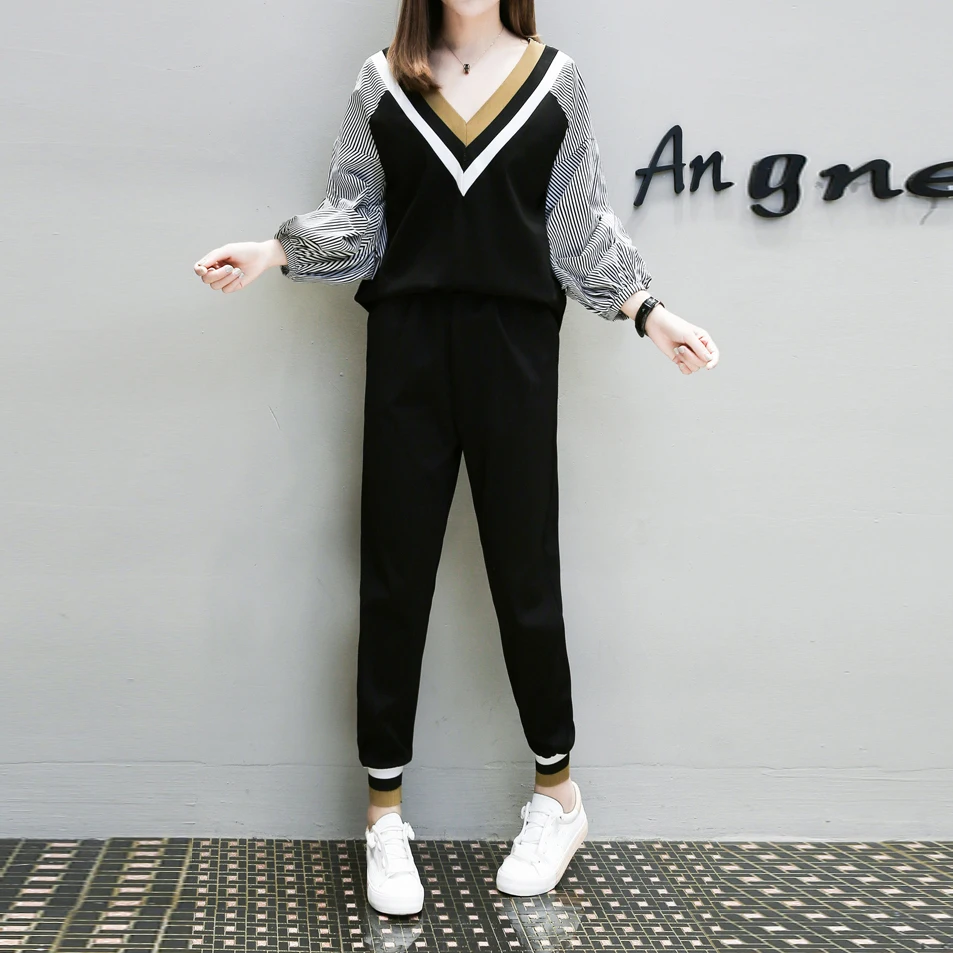 2019 новые осенние женские комплекты Лоскутные Полосатые рубашки пуловеры Топы