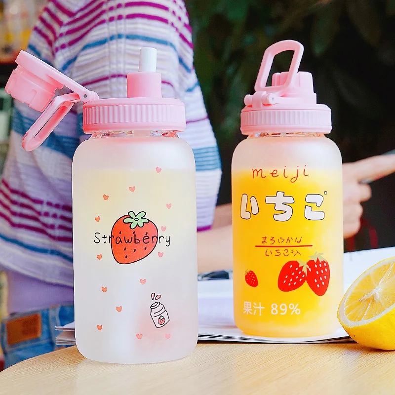 

Kids Water Bottle With Straw Kawaii Strawberry Portable Leakproof Transparent Milk Glass Cup Adult Drinking Water Bottles Gift