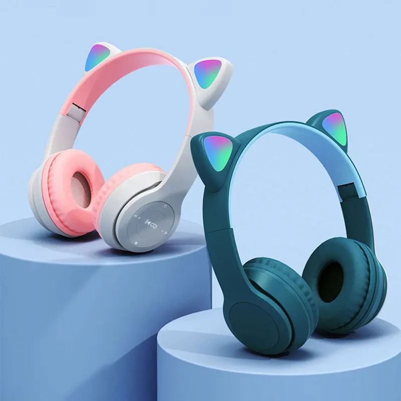 Беспроводные наушники RGB с милыми кошачьими ушками и микрофоном со светодиодный