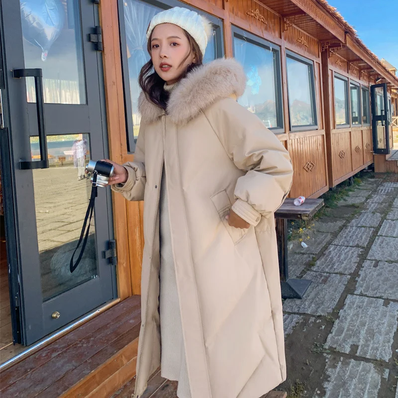 

2021New long winter jacket women's warm hooded down padded jacket coat Korean version of loose big fur collar winter parka coat
