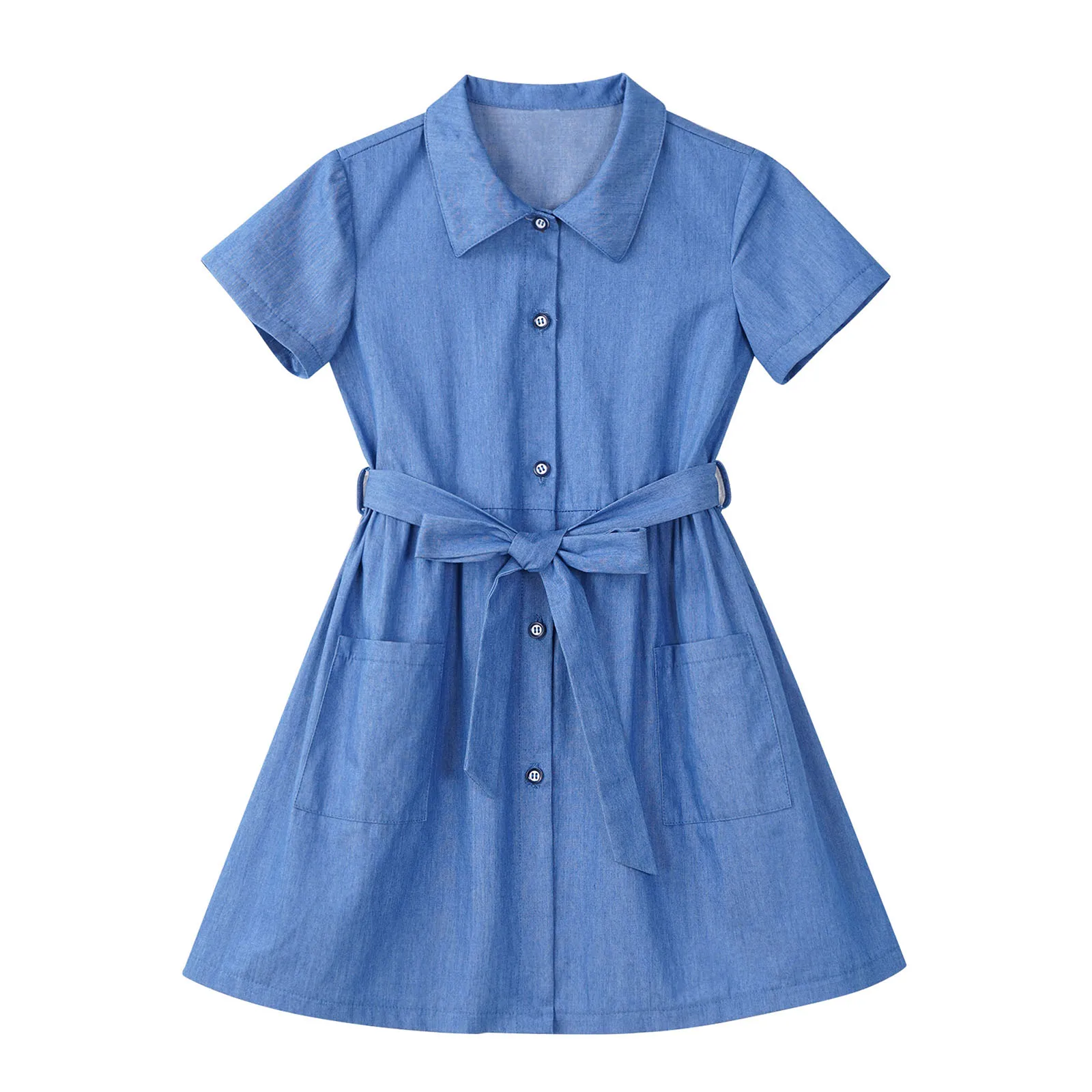 

Girls Denim Dress Summer New Fashion Kids Clothes Short Sleeve Lapel A-line Casual Dress With Waist Belt Children Dresses 4-14Y