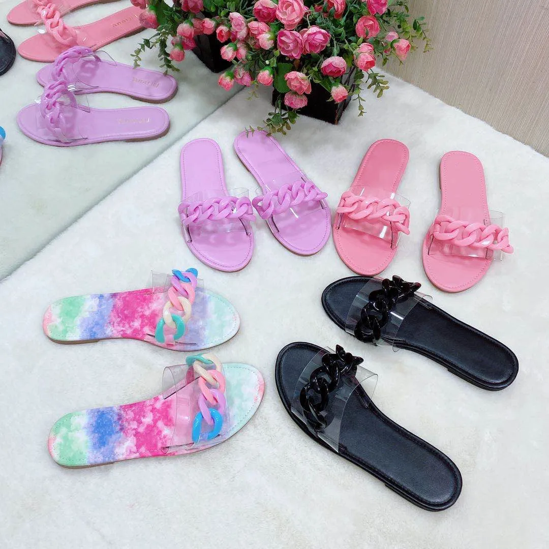 

Fashion sexy roman style PVC Transparent chain decoration flat outdoor female slippers summer new style Plus Size Beach Slipper