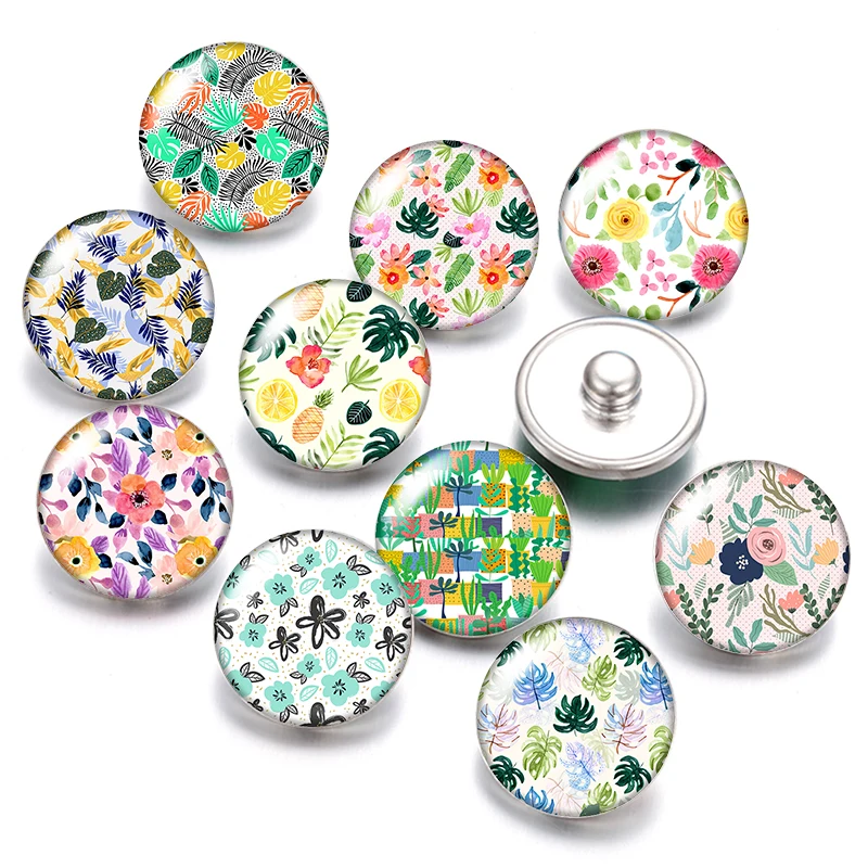 

beauty flowers Leaves patterns colorful 18mm snap buttons 10pcs mixed round photo glass cabochon style for snap button jewelry